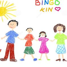 a drawing of a family holding hands with the word bingo king on it and sun above