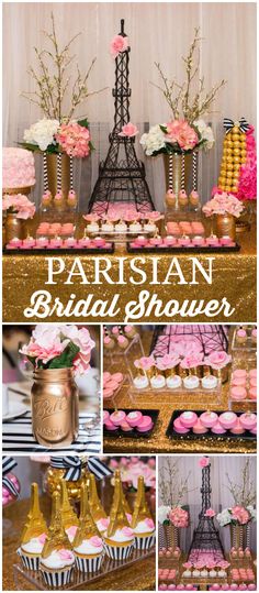 paris bridal shower party with pink and gold decorations