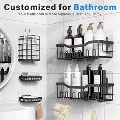 the bathroom is decorated in black and white with lots of products on shelves above it