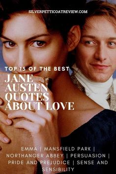 the movie poster for jane austen's about love is shown with two people