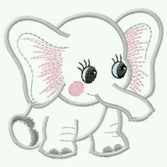 an elephant with pink tusks on it's head and eyes is shown