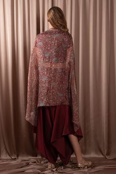 Maroon printed cape with sequin, thread and shell hand embroidery. Paired with a harrem pant and inner. - Aza Fashions Fashion App, Bird Print, Pant Set, Bird Prints, Set For Women, Aza Fashion, Fashion Set, Hand Embroidery, Pants Set