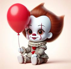 a creepy doll is holding a red balloon