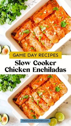 slow cooker chicken enchiladas with limes and cilantro on the side