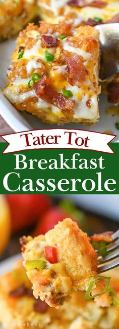 a slice of tater tot breakfast casserole on a plate with a fork