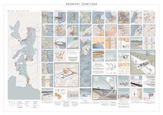 a large poster with lots of different architectural drawings on it's sides, including buildings and