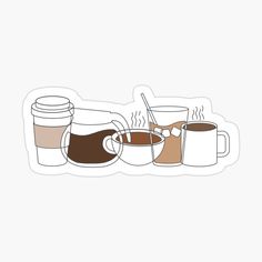 three cups of coffee and two mugs with spoons sticker on white background