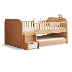 a wooden bed with drawers underneath it and a stuffed animal on the bottom bunkbed