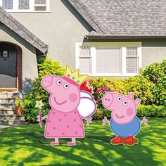 peppa and princess pig standing in front of a house