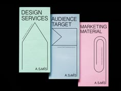 three books with different types of design services on them, one in pink and the other in blue