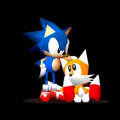 sonic the hedgehog and tails playing with each other in front of a black background