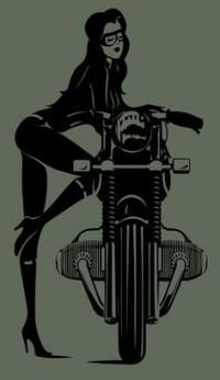 a black and white drawing of a woman on a motorbike with her legs crossed