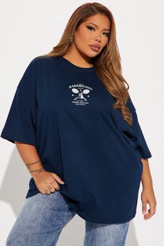 Available In Navy. Crew Neck Short Sleeve Front And Back Screen Stretch Disclaimer: Due To The Printing Process A Difference In Saturation May Occur. Each Garment Is Unique 100% Cotton Imported | Badminton Members Only Oversized Tee Shirt in Navy Blue size 1X by Fashion Nova Blue Oversized T-shirt For Vacation, Casual Oversized Navy T-shirt, Sporty Navy Pre-shrunk T-shirt, Sporty Navy T-shirt With Graphic Print, Navy Sporty Relaxed Fit T-shirt, Women's Badminton, Oversized Tee Shirt, Members Only, Navy Fashion