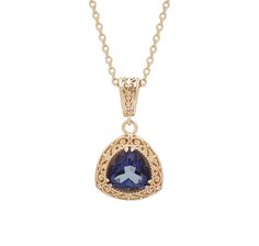 Get ready to shine with this Trillion Cut Tanzanite Color Quartz Scrollwork Pendant! With a stunning 14x14 Big Bold Trillion cut Tanzanite color dark blue genuine quartz, you'll own the most gorgeous shade of Tanzanite at an affordable price. Plus, the scrollwork design and finished backgallery add an elegant touch. Includes 18+2 in chain. December Birthstone Necklace, Color Quartz, Elegant Pendant, Bronze Gold, Handcrafted Artisan Jewelry, Blue Quartz, December Birthstone, Crafted Jewelry, Raw Gemstones