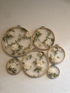 four embroidery hoops with white flowers on them hanging from the side of a wall