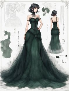 Green Dress Fantasy Gowns, Ball Gowns Dark Green, Black And Green Dress Gowns, Black And Green Gown, Dress Green Emerald, Emerald Fantasy Dress, Fantasy Traveling Clothes, Emerald Green Dress Aesthetic, Green Dress Drawing