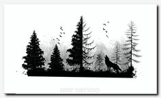 a black and white drawing of a wolf in the woods with birds flying around it