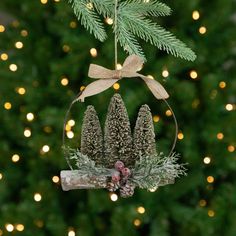 a christmas ornament hanging from a tree