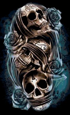 two skulls with roses on their heads are shown in this artistic tattoo art design by artist mark