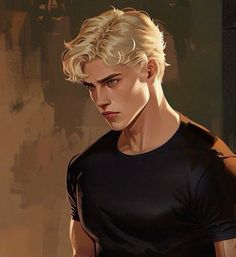 a painting of a man with blonde hair wearing a black t - shirt and jeans