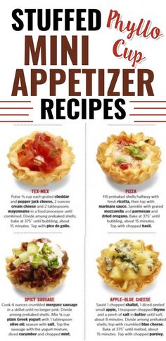 the menu for stuffed mini appetizer pies is shown in red and white