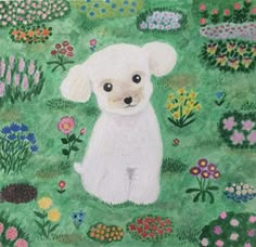 a painting of a white dog sitting in the middle of a field with lots of flowers