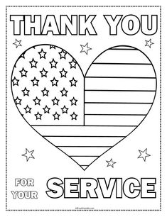 thank you for your service coloring page with an american flag heart and stars on it