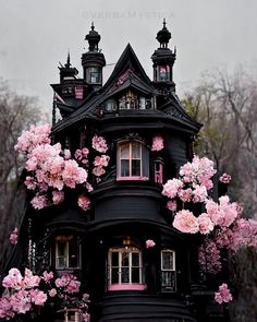 a black house with pink flowers on the roof