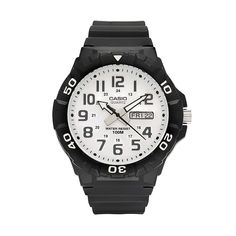 This men's Casio watch delivers a classic look that pairs perfectly with any business or casual attire.FEATURES Day & date window 12/24-hour formats Bidirectional rotating bezel DISPLAY Luminescence: hands Face cover material: plastic CASE Material: black resin with stainless steel screw-down back Diameter: 50 mm BAND Material: black resin Clasp: buckle Circumference: adjusts from 140 mm to 228 mm Width: 22 mm DETAILS Movement: quartz Power: battery Water resistance: 30 meters Packaging: gif Classic Outdoor Watch With Analog Display, Classic Digital Watch With Subdials And Rectangular Dial, Outdoor Watches With Date Display, Round Dial, Modern Watch With Date Display, Modern Outdoor Watch With Date Display, Formal Watches With 10 Atm Water Resistance, Round Dial, Formal Watches With 10atm Water Resistance And Round Dial, Formal Watches With 10atm Water Resistance, Classic Chronograph Watch With 10atm Water Resistance