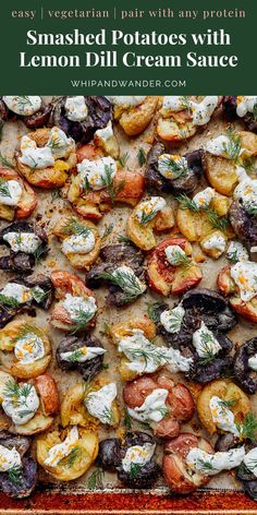 roasted potatoes with lemon dill cream sauce on a baking sheet and text overlay