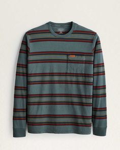 Our hardy combed cotton jersey in an overdyed stripe pattern. One open chest pocket with small leather logo patch. Label-free neck. 100% cotton. Imported . | MEN'S LONG-SLEEVE STRIPED DESCHUTES POCKET TEE Long Sleeve Cotton T-shirt With Horizontal Stripes, Rugged Cotton Everyday Tops, Casual Yarn-dyed Tops For Fall, Casual Cotton Top With Horizontal Stripes, Pocket Tee Shirts, Leather Logo, Pocket Tee, Combed Cotton, Stripes Pattern