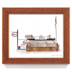 a watercolor painting of a gas station with an american flag on the roof and a sign that says gulf