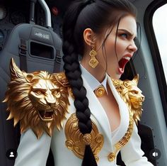 a woman in a white suit with gold lion head decorations on her chest and black hair