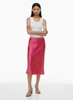 SLIP SATIN MIDI SKIRT | Aritzia Water Footprint, Midi Slip Skirt, Satin Midi Skirt, Slip Skirt, Window Shopping, Wardrobe Essentials, Midi Skirt, High Rise, Satin