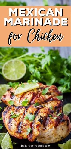 mexican marinade for chicken on a plate with limes and cilantro in the background