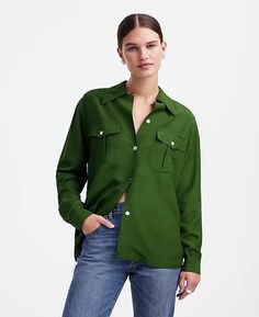 Alexa Chung for Madewell Pleat-Pocket Button-Up Shirt | Madewell Green Button-up Shirt With Patch Pockets, Green Work Shirt With Patch Pockets, Green Collared Tops With Welt Pockets, Classic Green Shirt With Pockets, Green Button-up Top With Patch Pockets, Classic Tops With Buttoned Pockets And Camp Collar, Classic Shirt With Pockets And Camp Collar, Classic Shirt With Camp Collar And Pockets, Green Workwear Tops With Flap Pockets