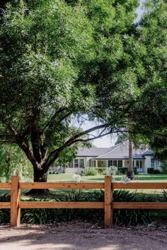 a wooden fence in front of a large tree