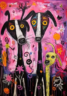 Colorful illustration of three whimsical dogs on a pink background with abstract shapes and symbols, ideal for kids' nursery decor Dog Arts And Crafts, Whimsical Art Animals, Whimsical Dogs, Dog Illustration Art, Dogs Poster, Colorful Dog Art, Cuadros Diy, Whimsy Art, Whimsical Art Paintings