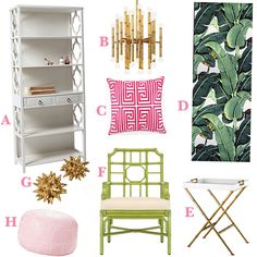 a collage of green and pink furniture, including a chair, table, bookshelf