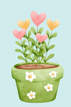 a potted plant with flowers and hearts painted on the top in pastel colors