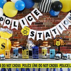 a police station themed party with balloons and decorations