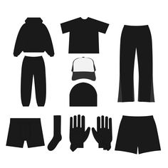 a set of black and white clothing for men, including hat, gloves, sweater, pants