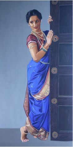 a painting of a woman leaning on a door