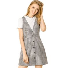 Allegra K Women's Overalls V Neck Plaid Houndstooth Pinafore Suspenders Skirt : Target Plaid Overall Dress Denim, Classic Pinafore Dress, Plaid Bib Dress, White Short Checkered Dress, Boucle Pinafore Dress, Plaid Tank Top Dress, Pinafore Plaid Dress, Cheap Plaid Ruffled Dress For Picnic, Plaid Pinafore Skirt