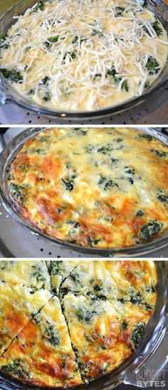 four different views of an omelet with spinach and cheese on top, in three separate pans