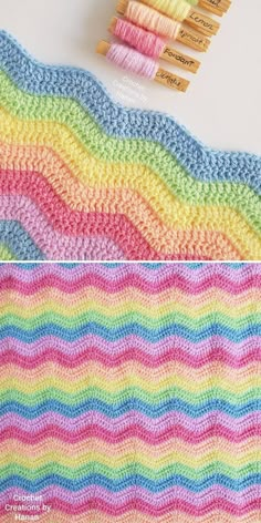 the crochet rainbow blanket is next to some markers