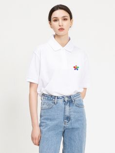 Editor's NotesGRAVER's signature polo tee featuring a simple rainbow flower graphic embroidery on the left chest. Break out of your everyday norm with this tee and stick with this classic polo when it comes to your look.- Polo style- Dropped shoulders- Unique graphic embroidery at the left chestMeasurements(in.)Size: S / M / L - Total Length: 27.95 in. / 29.53 in. / 31.10 in. - Shoulder: 19.29 in. / 20.47 in. / 21.26 in. - Chest: 21.47 in. / 22.05 in. / 22.83 in. - Sleeve length: 8.27 in. / 8.66 in. / 9.06 in. Model information: Man - Height: 6'1 Weight: 154.3 lbs Size: L / Woman - Height: 5'5 Weight: 103.6 lbs Size: SComposition & Care- 80% Cotton 20% Polyester- Machine wash or dry cleanDesigner- by GRAVER Trendy White Cotton Polo Shirt, Purple Drawing, Drawing Smile, Dot Embroidery, Graphic Embroidery, Rainbow Embroidery, Polo Design, Rainbow Flower, Polo Tees