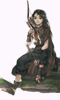 a drawing of a woman sitting on the ground holding a bow and arrow in her hand