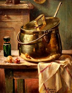 an oil painting of a pot on a table next to a towel and other items