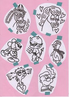 a bunch of cartoon drawings on a pink background